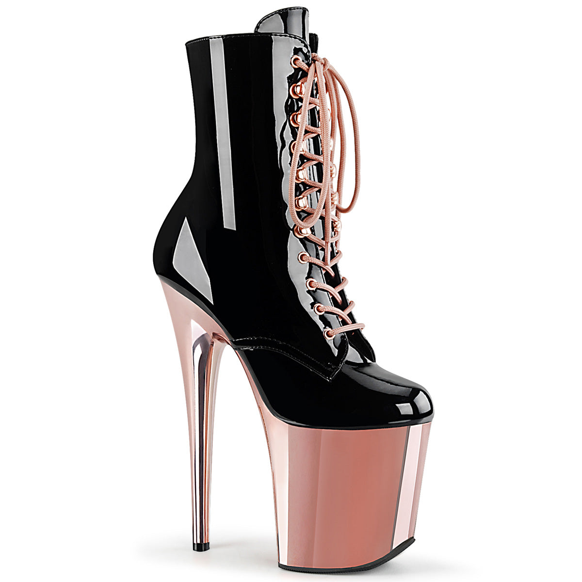 FLAMINGO-1020 Strippers Heels Pleaser Platforms (Exotic Dancing) Blk Pat/Rose Gold Chrome