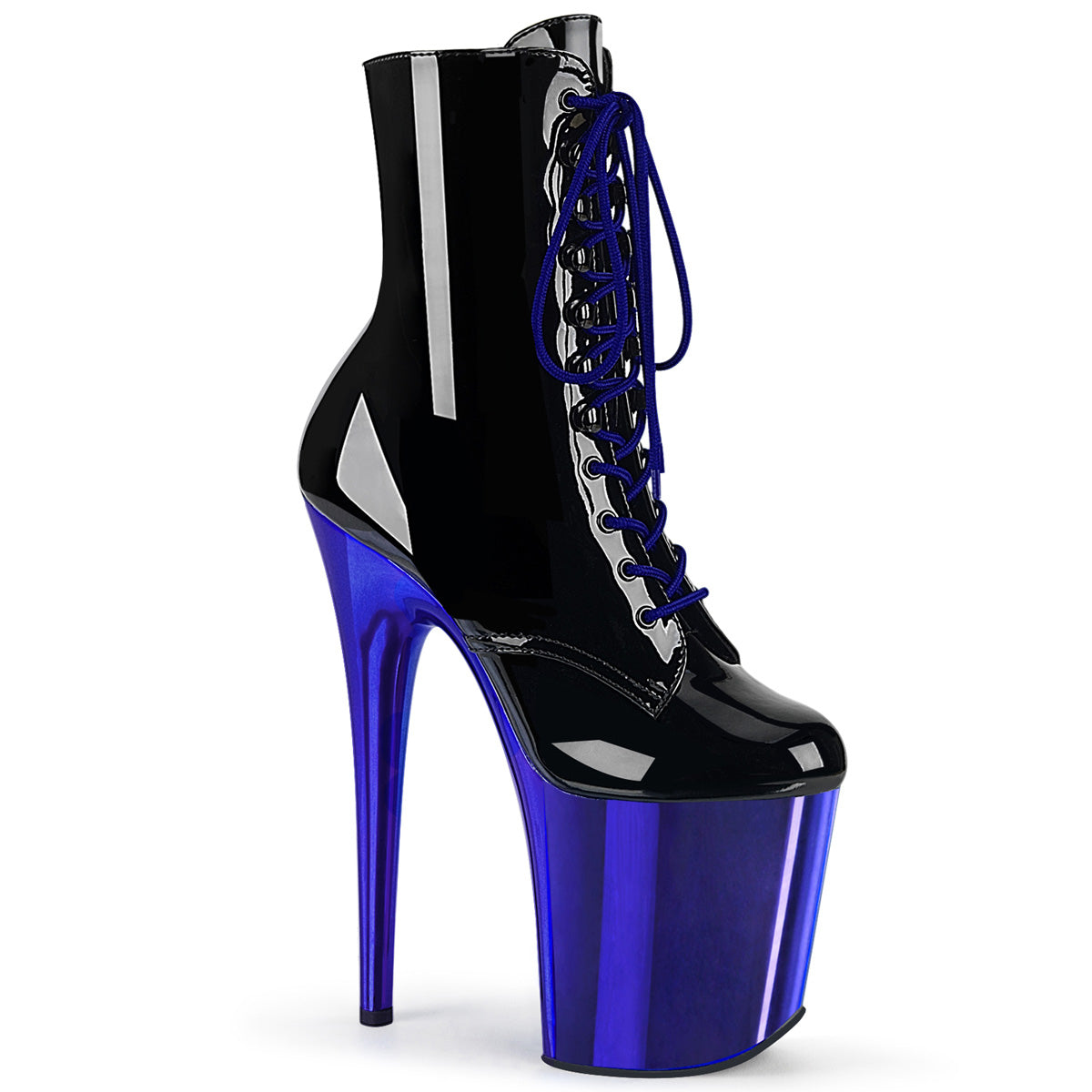 FLAMINGO-1020 Strippers Heels Pleaser Platforms (Exotic Dancing) Blk Pat/Royal Blue Chrome