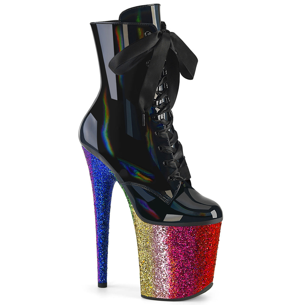 FLAMINGO-1020HG Strippers Heels Pleaser Platforms (Exotic Dancing) Blk Holo Pat/Rainbow Glitter