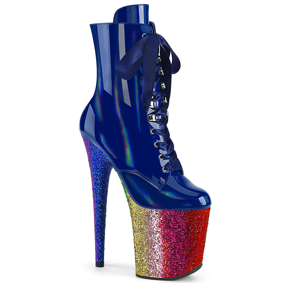 FLAMINGO-1020HG Strippers Heels Pleaser Platforms (Exotic Dancing) Royal Blue Holo Pat/Rainbow Glitter