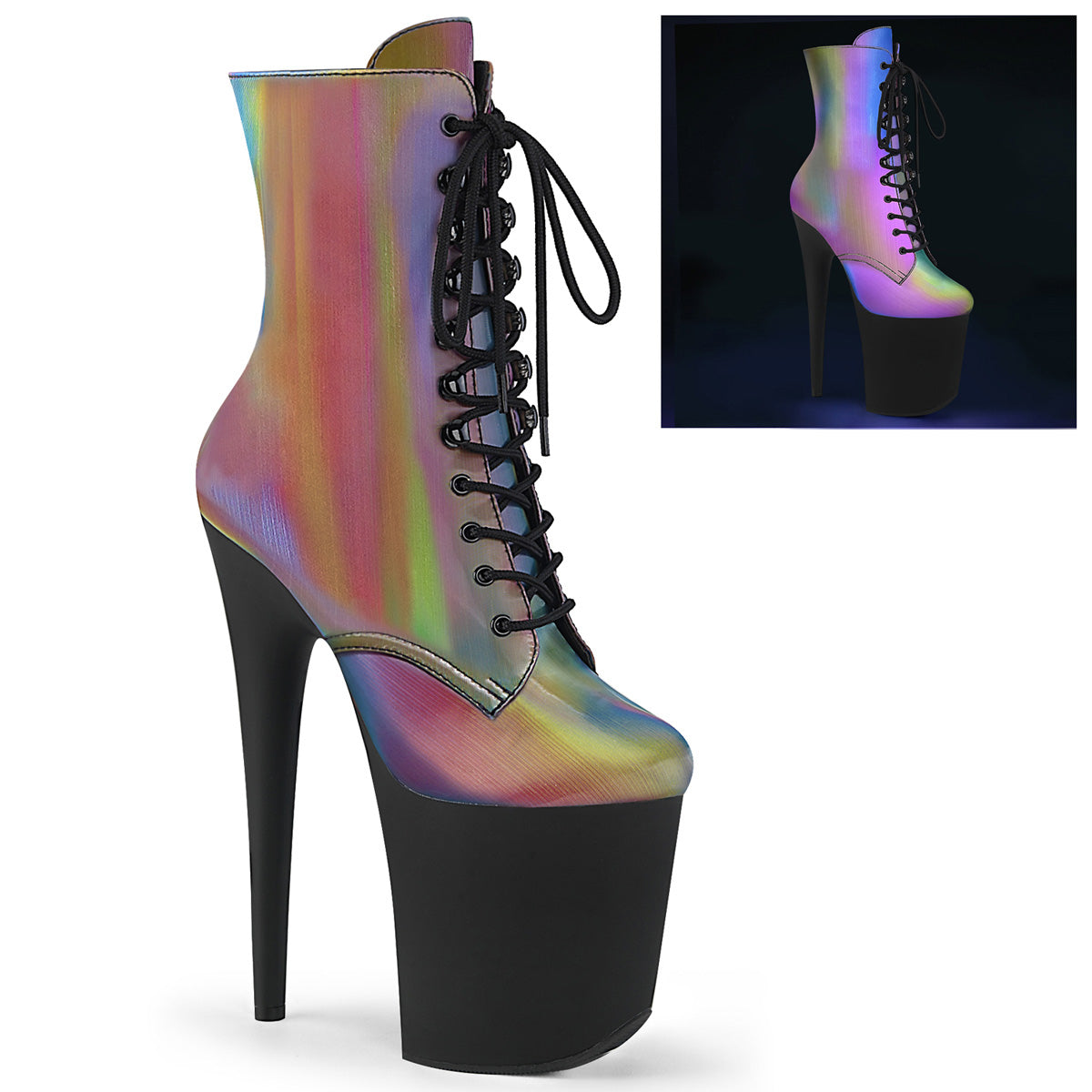 FLAMINGO-1020REFL Strippers Heels Pleaser Platforms (Exotic Dancing) Rainbow Reflective/Blk Matte