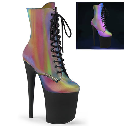 FLAMINGO-1020REFL Strippers Heels Pleaser Platforms (Exotic Dancing) Rainbow Reflective/Blk Matte