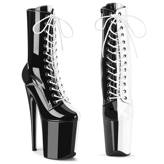 FLAMINGO-1040TT Pleaser Black-White Patent/Black-White Platform Shoes [Pole Dancing Ankle Boots]