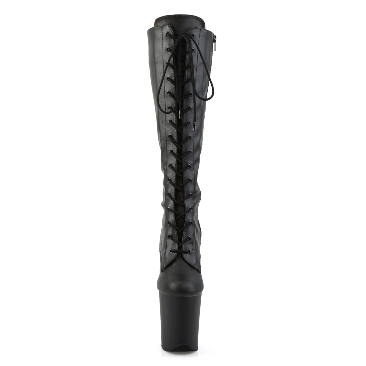 FLAMINGO-2023 Pleaser Black Stretch Faux Leather/Black Matte Platform Shoes [Knee High Boots]