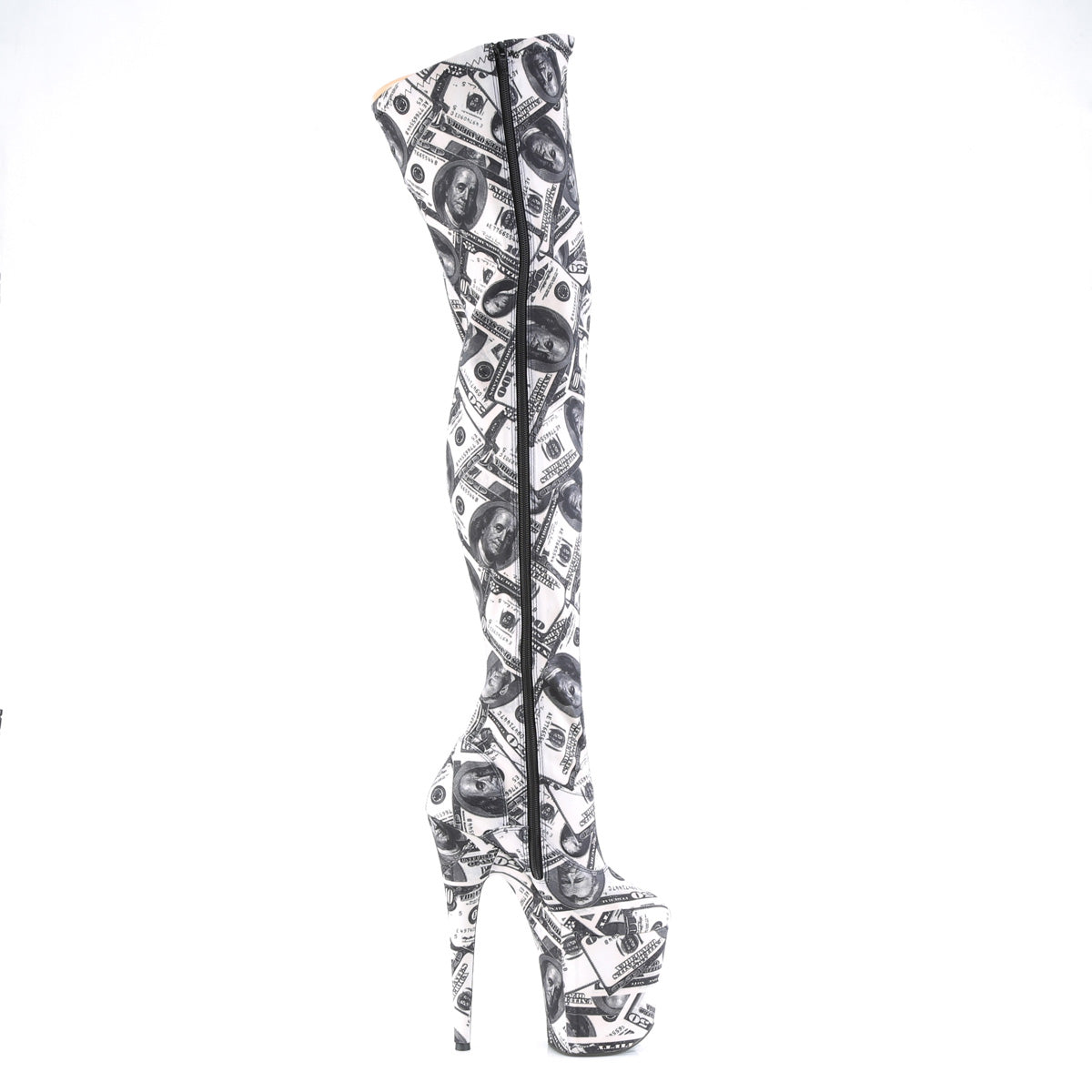 FLAMINGO-3000DP Pleaser White-Black Stretch Fabric/White-Black Fabric Platform Shoes [Thigh High Boots]