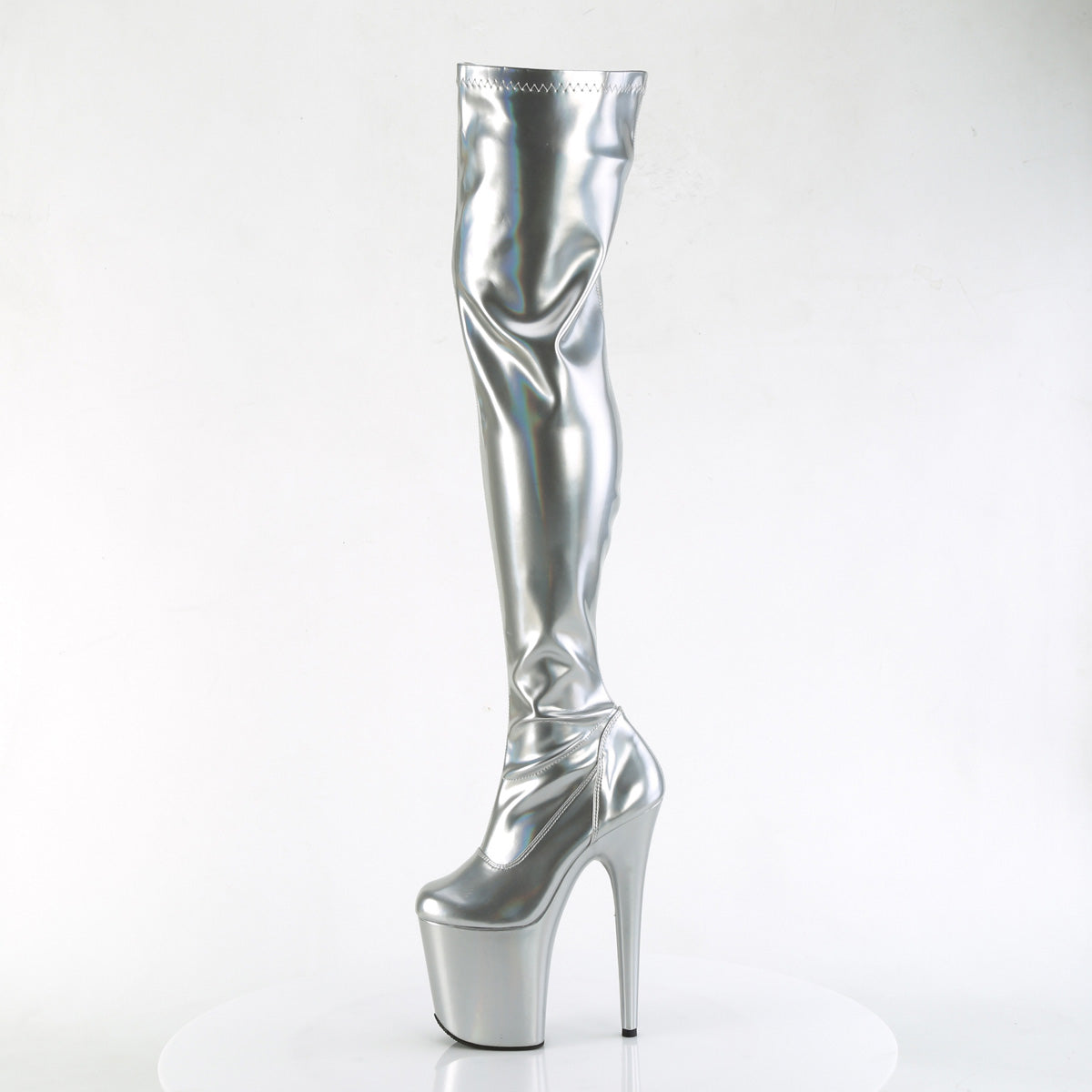 FLAMINGO-3000HWR Pleaser Silver Stretch Holo/Silver Holo Platform Shoes [Thigh High Boots]