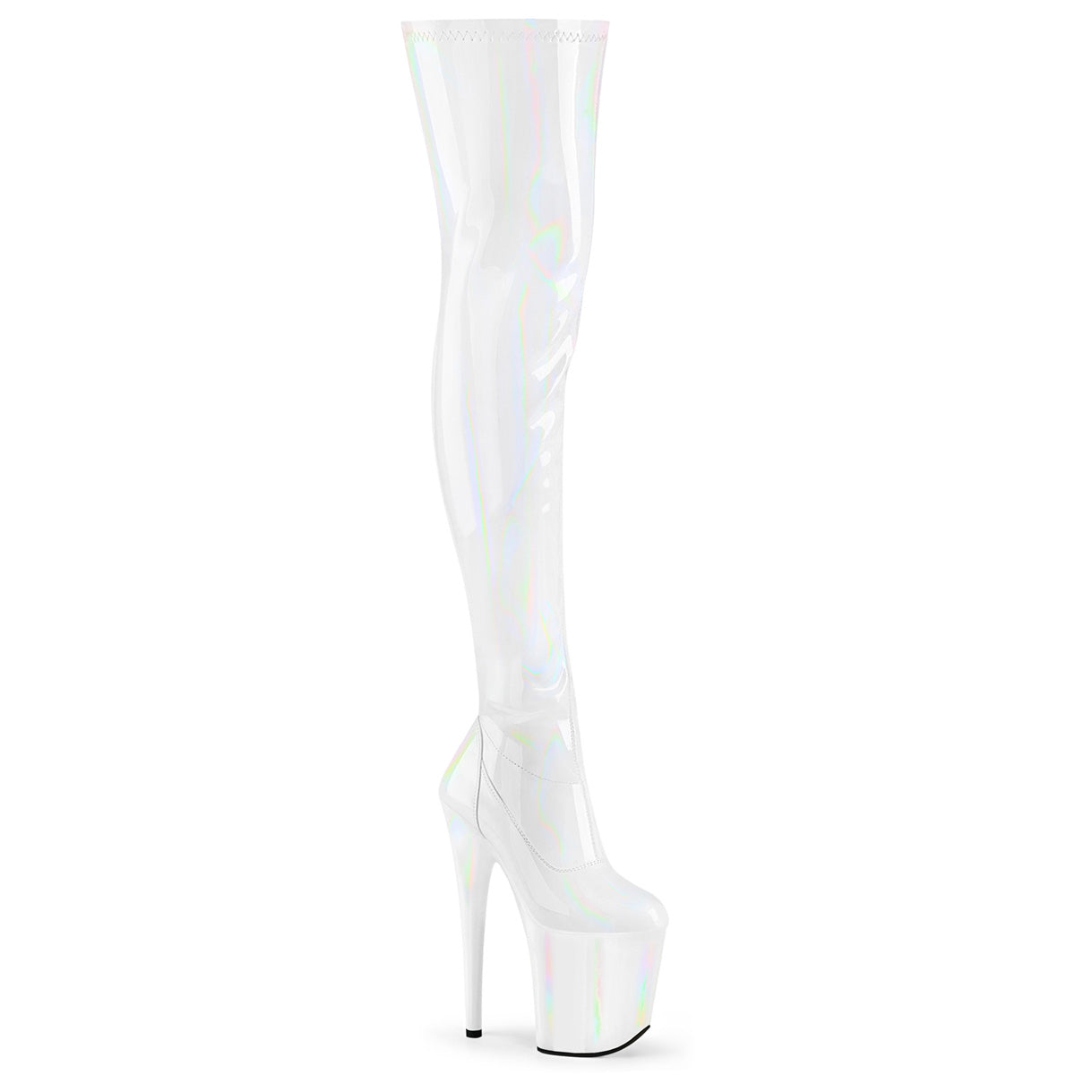 FLAMINGO-3000HWR Strippers Heels Pleaser Platforms (Exotic Dancing) Wht Str. Holo/Wht Holo