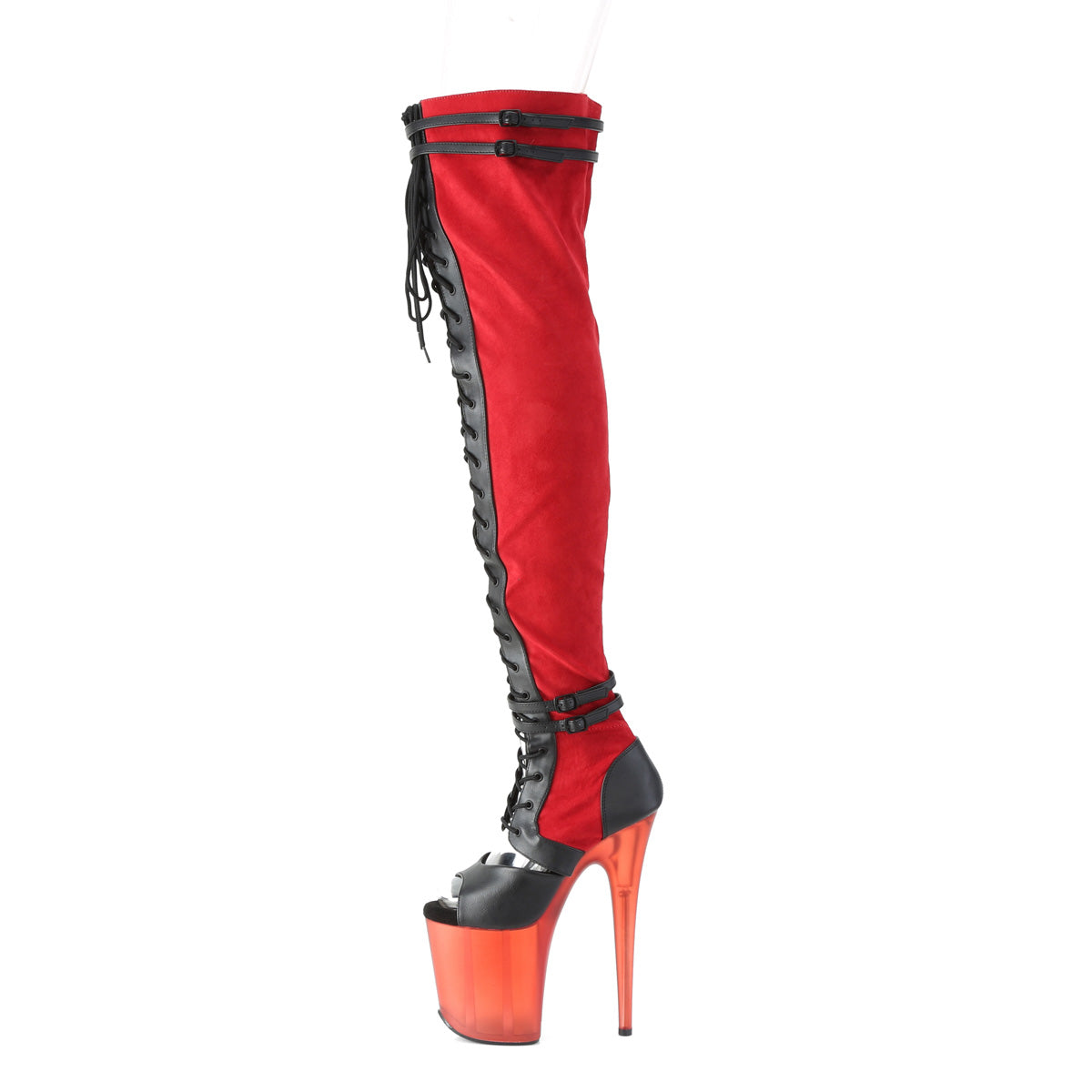 FLAMINGO-3027 Pleaser Red Faux Suede-Black Faux Leather/Frosted Red Platform Shoes [Thigh High Boots]