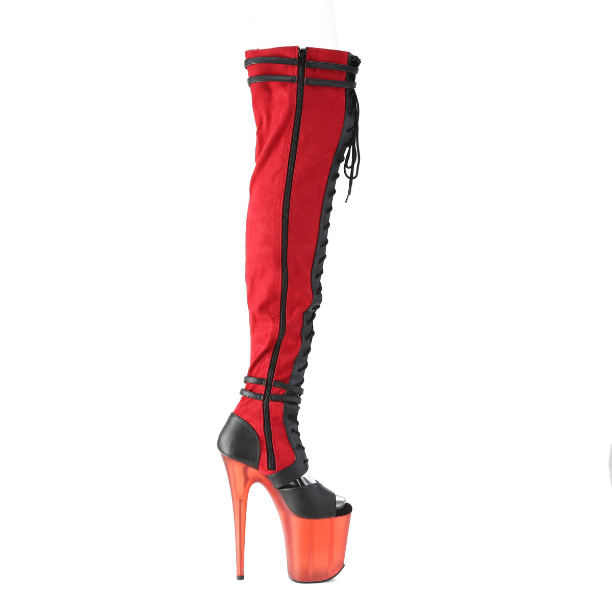 FLAMINGO-3027 Pleaser Red Faux Suede-Black Faux Leather/Frosted Red Platform Shoes [Thigh High Boots]