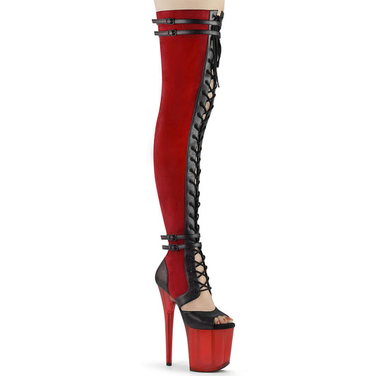 FLAMINGO-3027 Strippers Heels Pleaser Platforms (Exotic Dancing) Red Faux Suede-Blk Faux Leather/Frosted Red