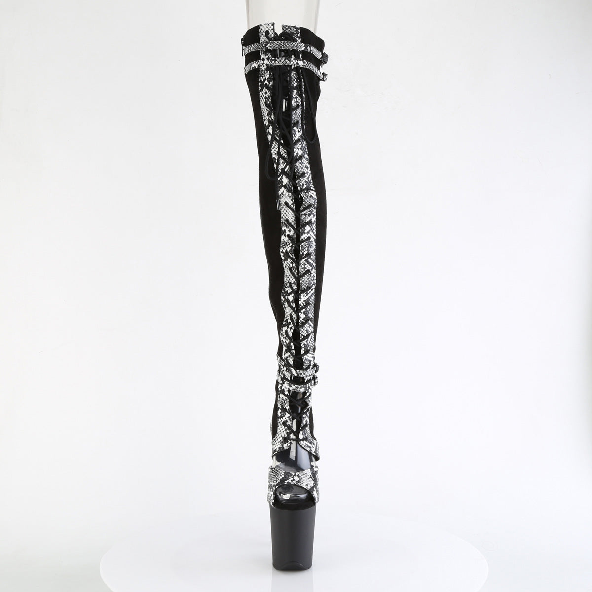 FLAMINGO-3027SP Pleaser Black Faux Suede-Snake Print Faux Le./Black Matte Platform Shoes [Thigh High Boots]