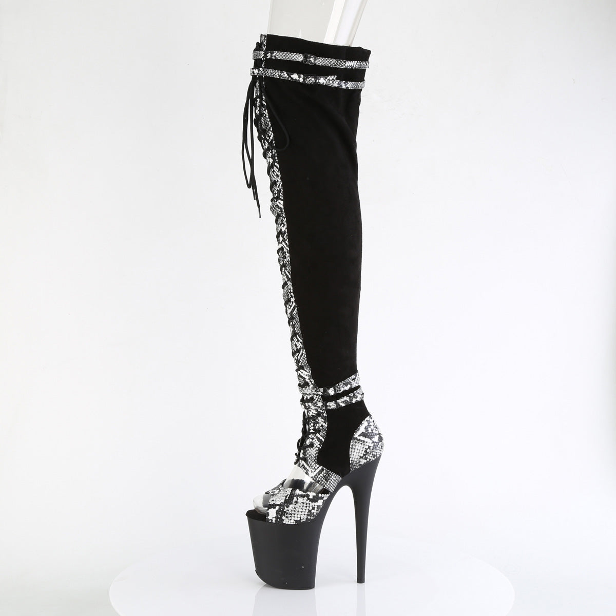 FLAMINGO-3027SP Pleaser Black Faux Suede-Snake Print Faux Le./Black Matte Platform Shoes [Thigh High Boots]