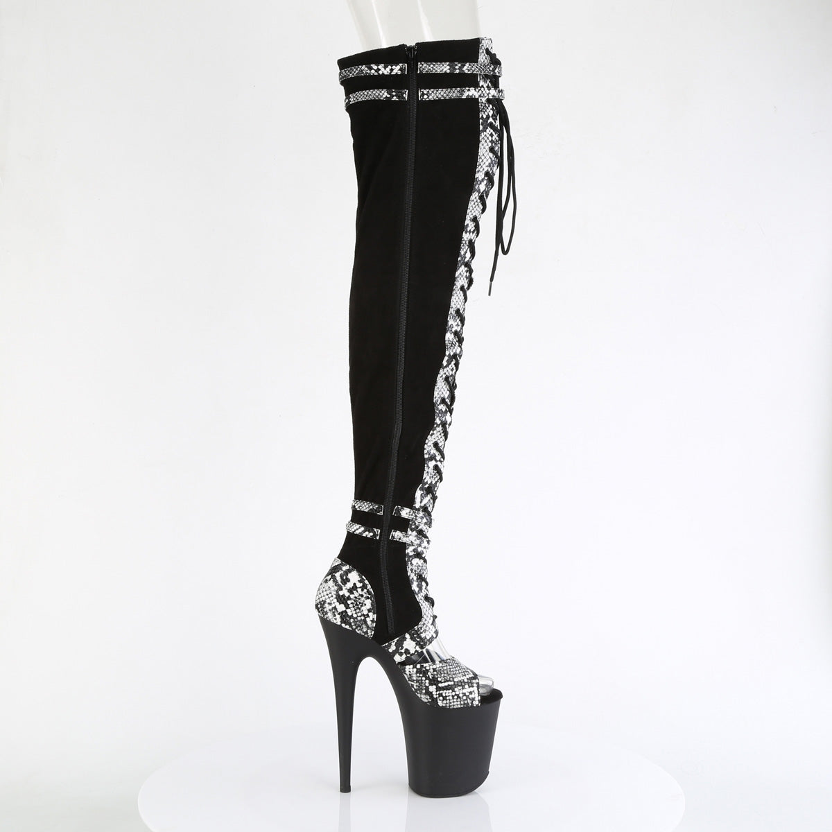 FLAMINGO-3027SP Pleaser Black Faux Suede-Snake Print Faux Le./Black Matte Platform Shoes [Thigh High Boots]