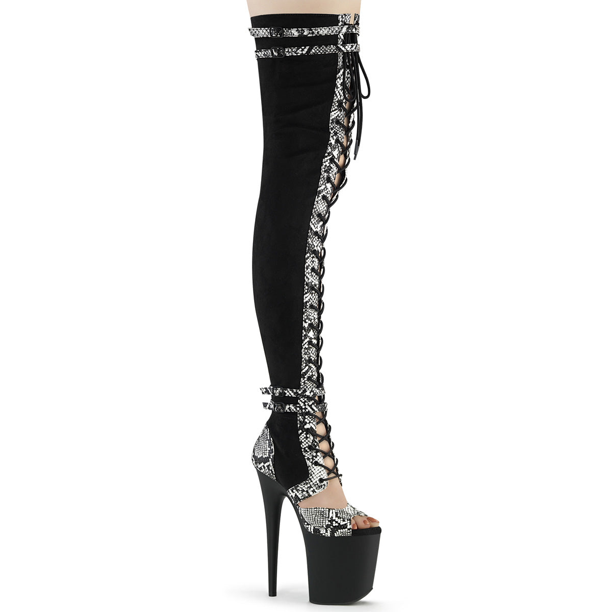 FLAMINGO-3027SP Strippers Heels Pleaser Platforms (Exotic Dancing) Blk Faux Suede-Snake Print Faux Le./Blk Matte