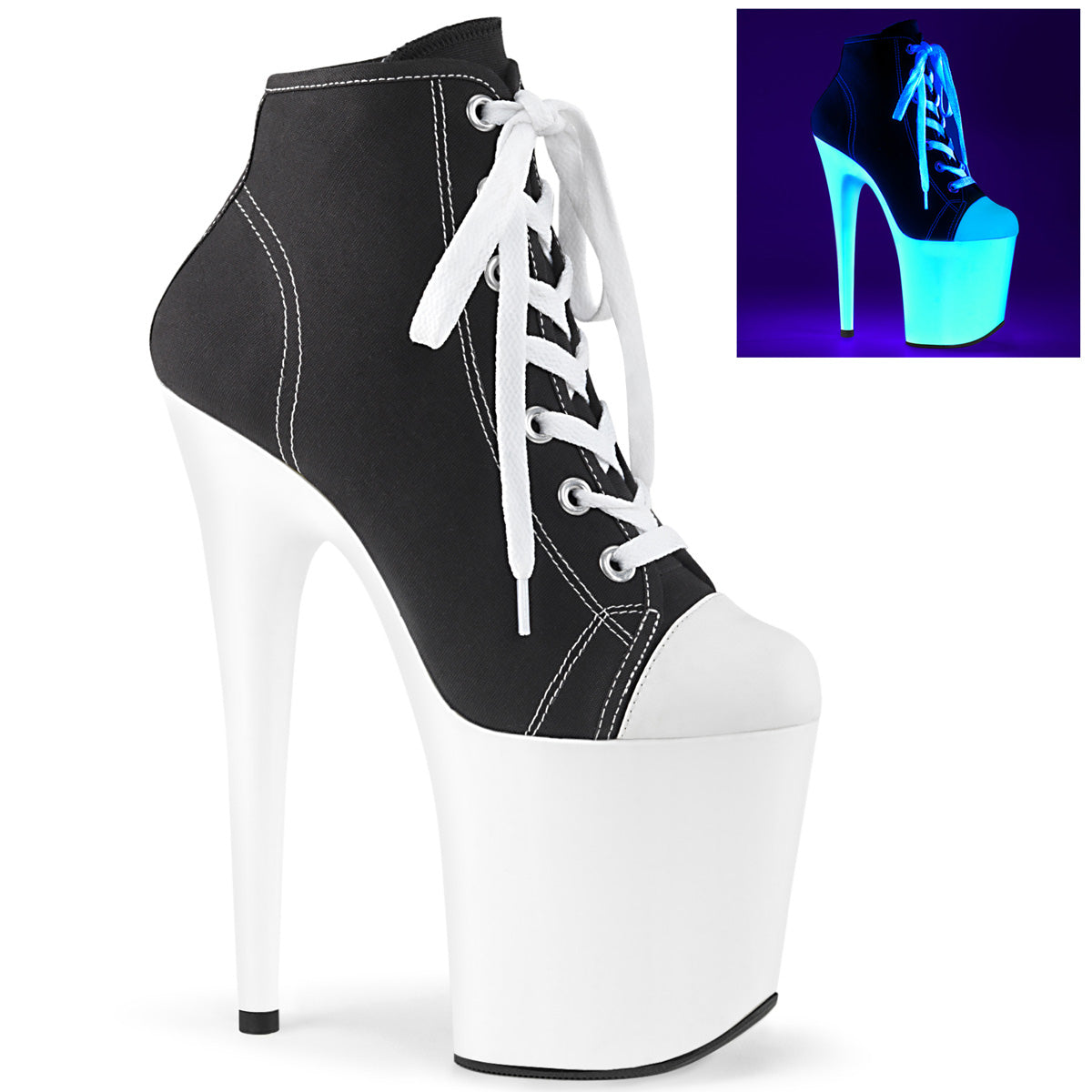 FLAMINGO-800SK-02 Strippers Heels Pleaser Platforms (Exotic Dancing) Blk Canvas/Neon White