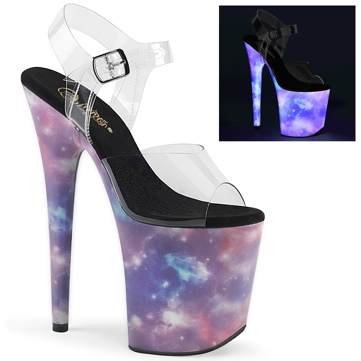 FLAMINGO-808REFL Strippers Heels Pleaser Platforms (Exotic Dancing) Clr/Purple-Blue Reflective