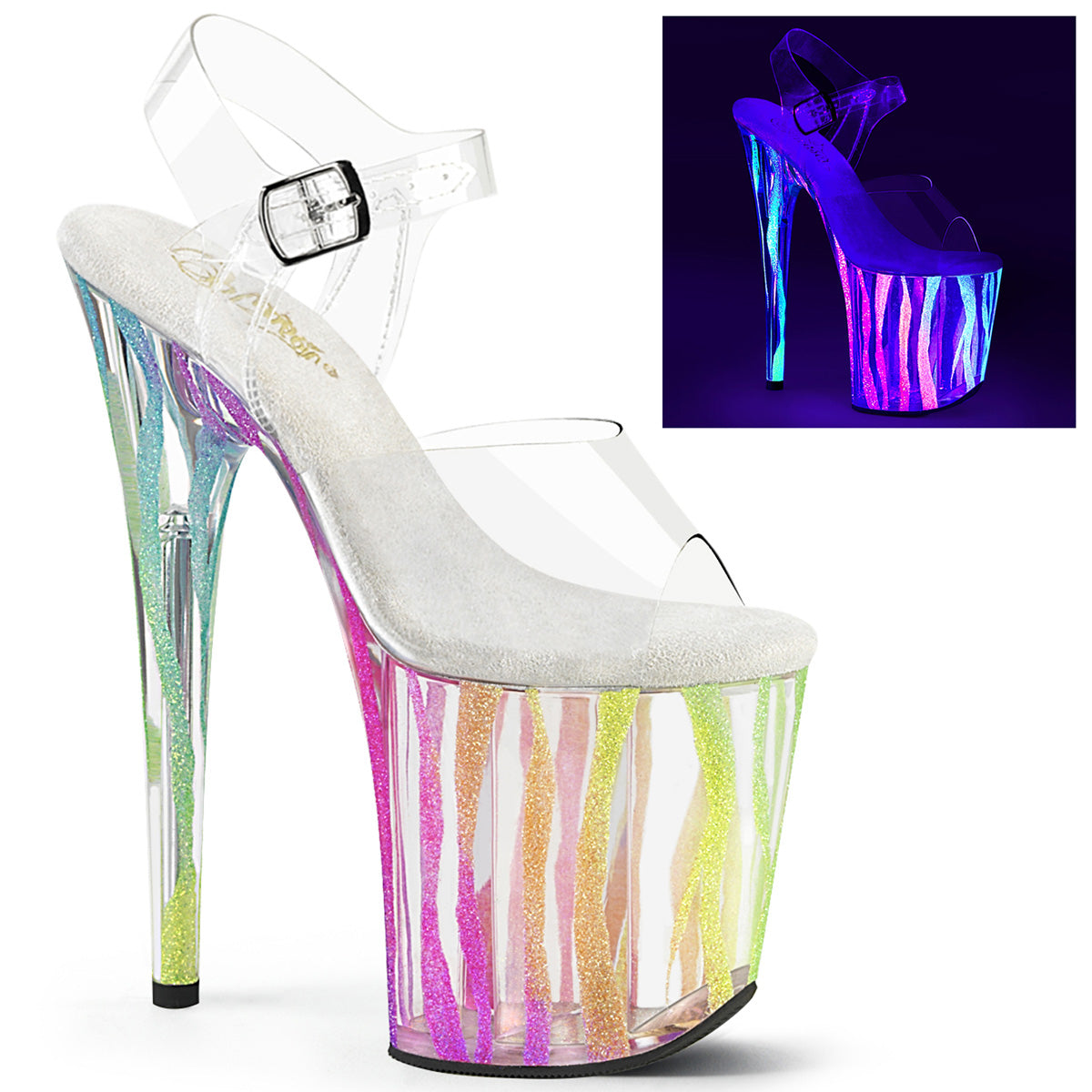 FLAMINGO-808RG-03 Pleaser Clear/Rainbow Glitter Platform Shoes [Exotic Dancing Shoes]