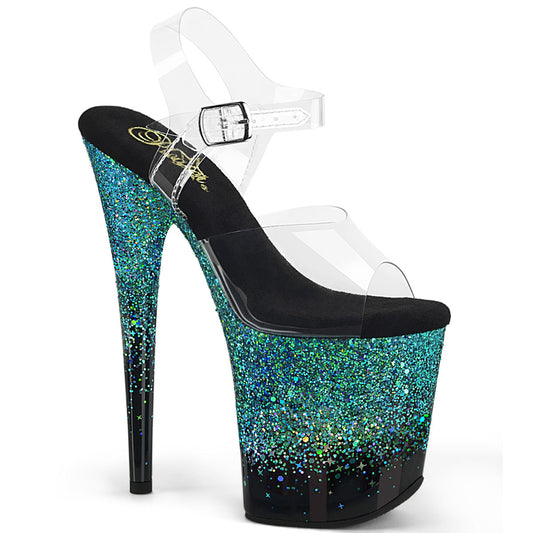 FLAMINGO-808SS Pleaser Clear/Black-Turquoise Multi Glitter Platform Shoes [Exotic Dancing Shoes]