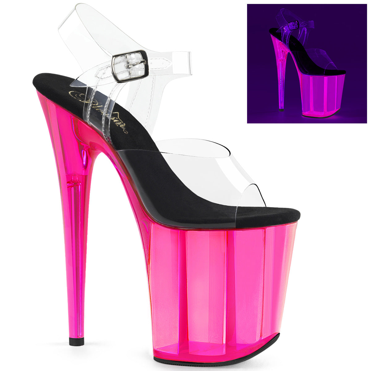 FLAMINGO-808UVT Strippers Heels Pleaser Platforms (Exotic Dancing) Clr/H. Pink Tinted