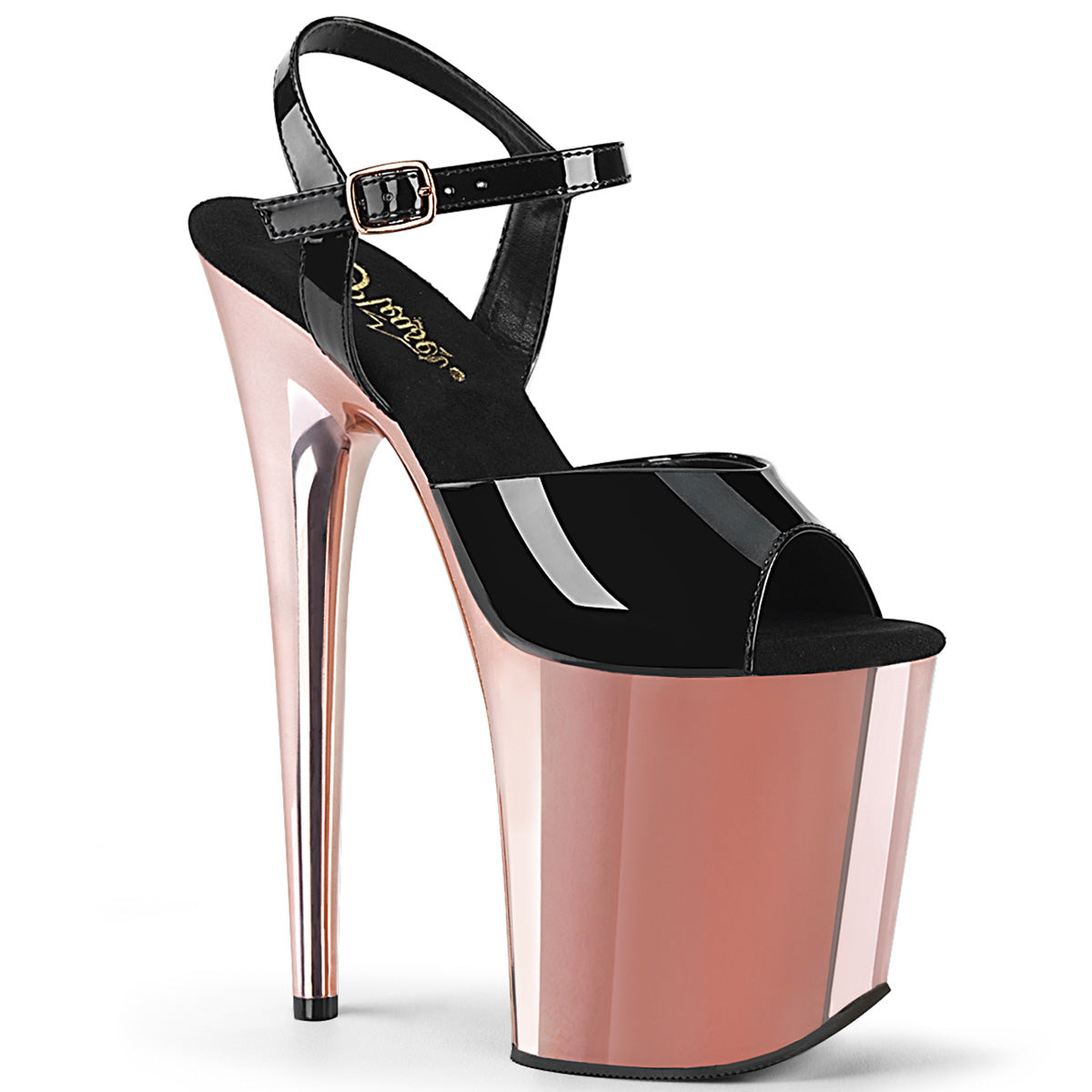 FLAMINGO-809 Strippers Heels Pleaser Platforms (Exotic Dancing) Blk Pat/Rose Gold Chrome