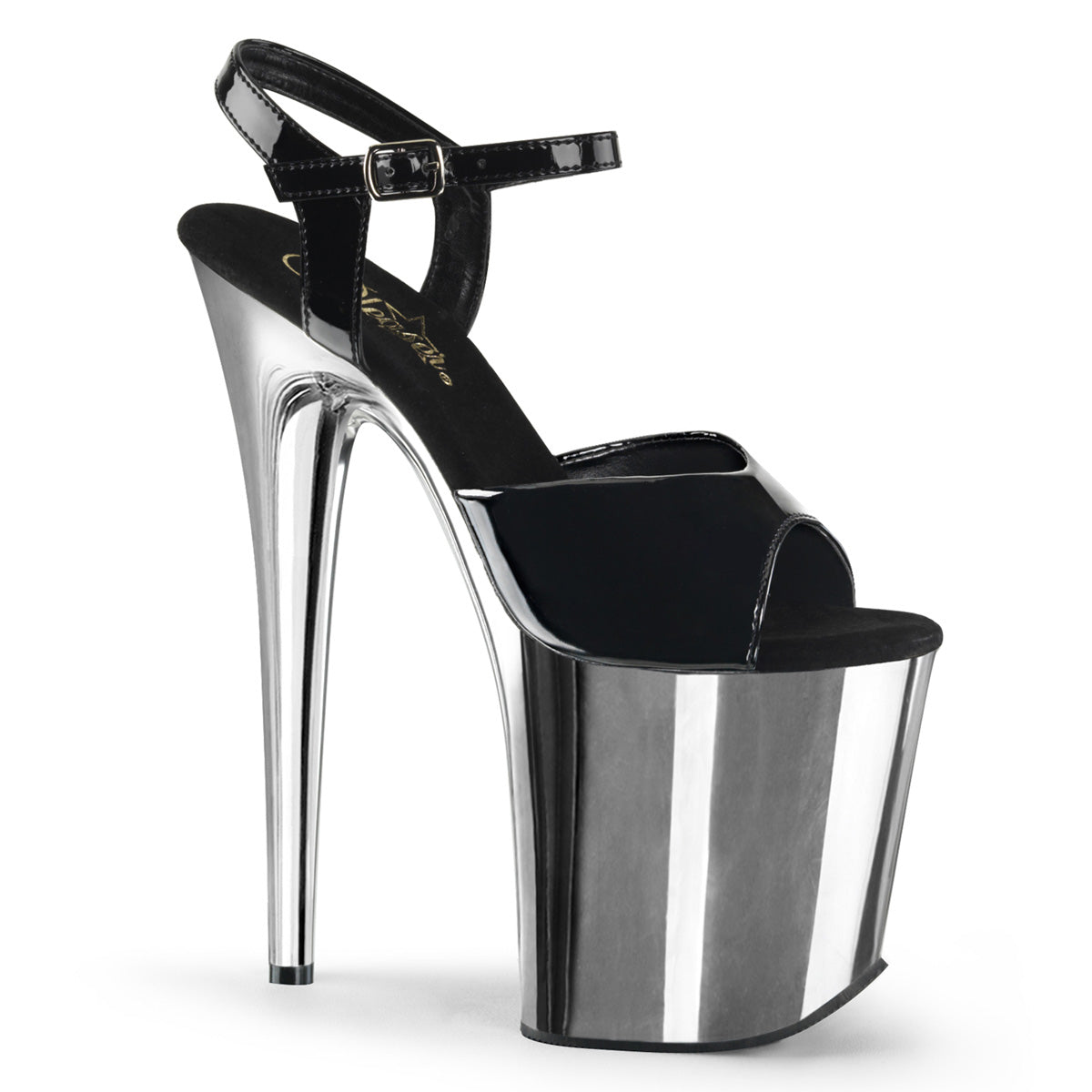 FLAMINGO-809 Strippers Heels Pleaser Platforms (Exotic Dancing) Blk Pat/Slv Chrome