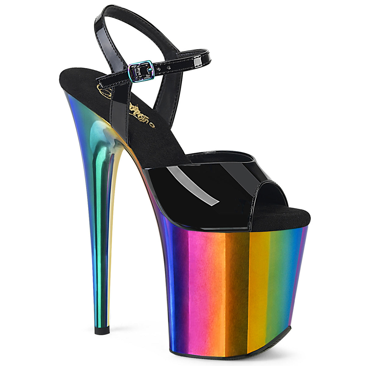 FLAMINGO-809RC Strippers Heels Pleaser Platforms (Exotic Dancing) Blk Pat/Rainbow Chrome