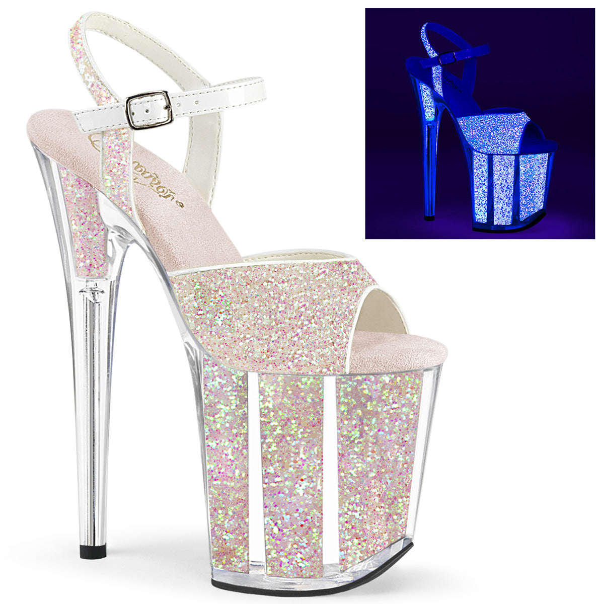 FLAMINGO-810UVG Strippers Heels Pleaser Platforms (Exotic Dancing) Neon Opal Glitter/Neon Opal Glitter