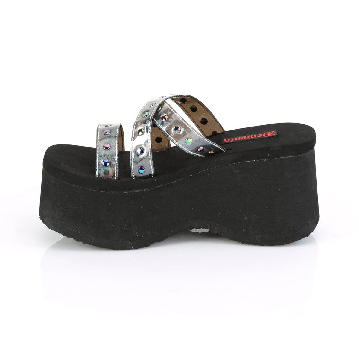 FUNN-19 Demonia Black Oil Flick Hologram Women's Sandals [Alternative Footwear]