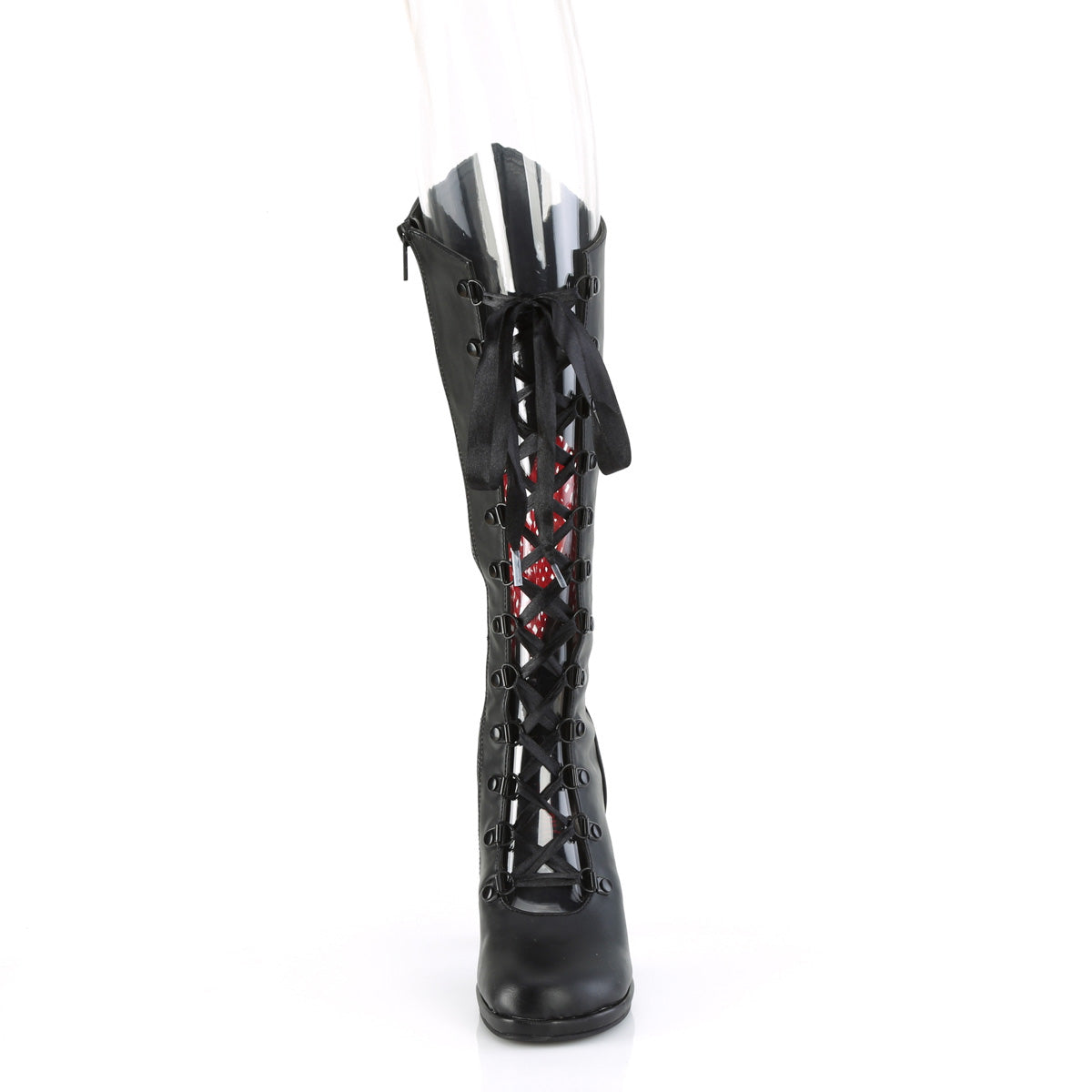 GLAM-243 Demonia Black Vegan Leather- Red Satin Women's Mid-Calf & Knee High Boots [Demonia Cult Alternative Footwear]