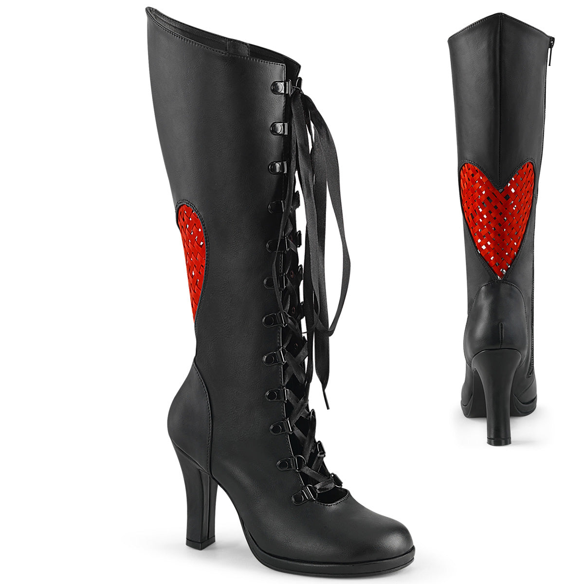 GLAM-243 Alternative Footwear Demonia Women's Mid-Calf & Knee High Boots Blk Vegan Leather- Red Satin