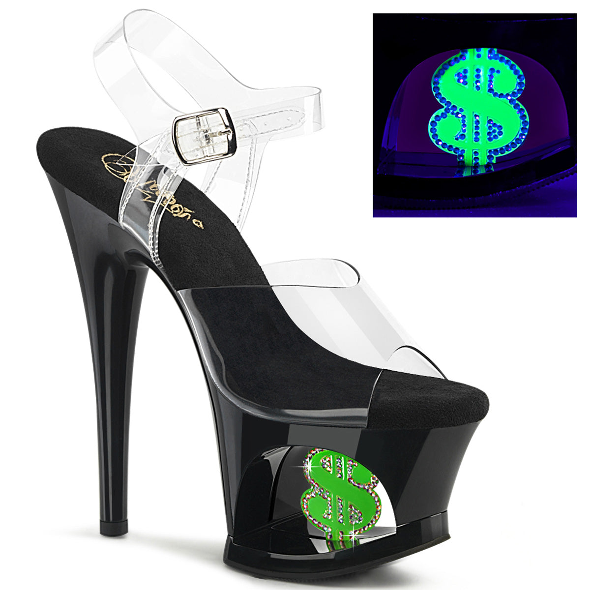 MOON-708USD Pleaser Clear/Black-Neon Green Platform Shoes [Pole Dance Shoes]