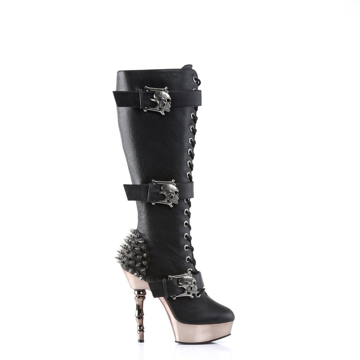 MUERTO-2028 Demonia Black Vegan Leather/Pewter Chrome Women's Mid-Calf & Knee High Boots [Demonia Cult Alternative Footwear]