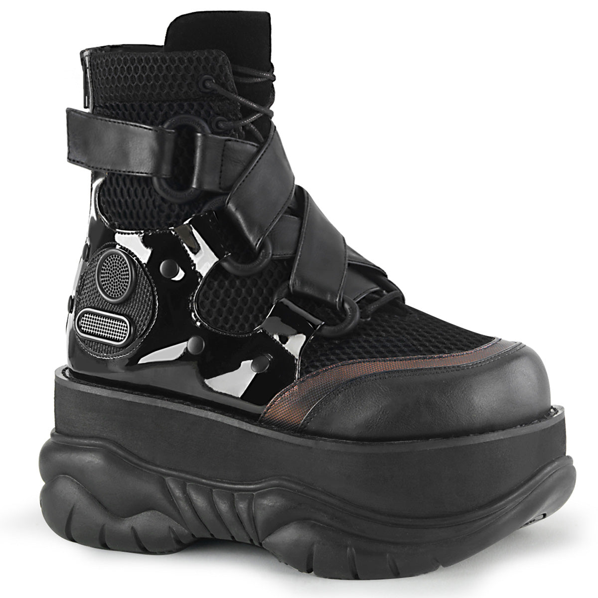 NEPTUNE-126 Alternative Footwear Demonia Unisex Platform Shoes & Boots Blk Vegan Leather-Fishnet Fabric-Pat