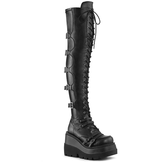 SHAKER-350 Alternative Footwear Demonia Women's Over-the-Knee Boots Blk Veagn Leather-Stretch