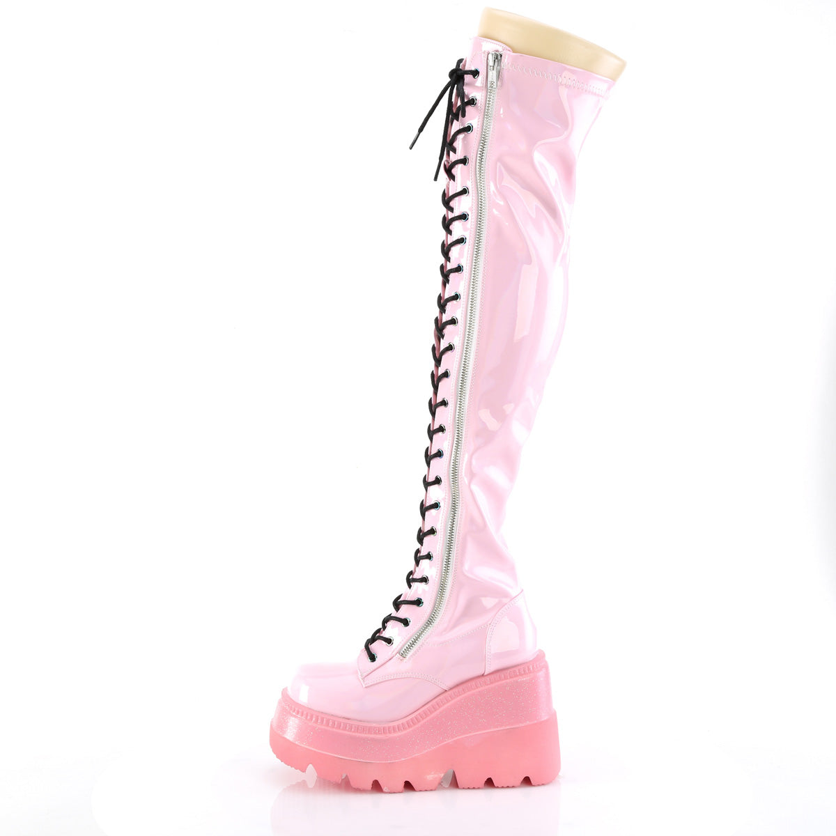SHAKER-374-1 Demonia B Pink Hologram Stretch Patentent Women's Over-the-Knee Boots [Alternative Footwear]