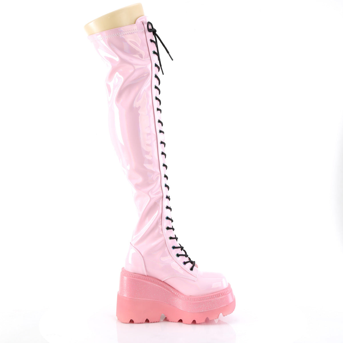SHAKER-374-1 Demonia B Pink Hologram Stretch Patentent Women's Over-the-Knee Boots [Alternative Footwear]