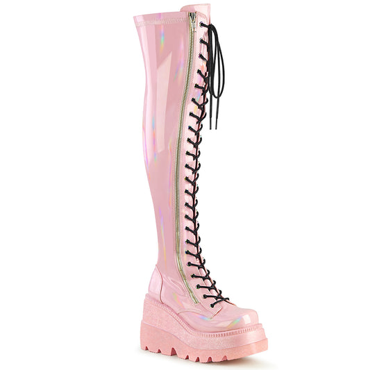 SHAKER-374 Alternative Footwear Demonia Women's Over-the-Knee Boots B. Pink Hologram Stretch Patent