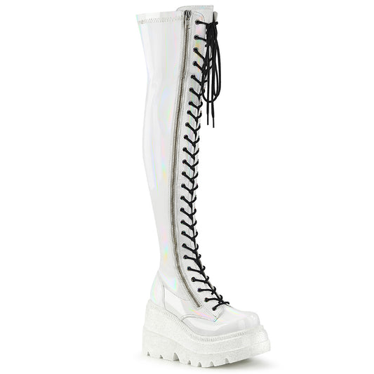 SHAKER-374 Alternative Footwear Demonia Women's Over-the-Knee Boots Wht Hologram Stretch Patent