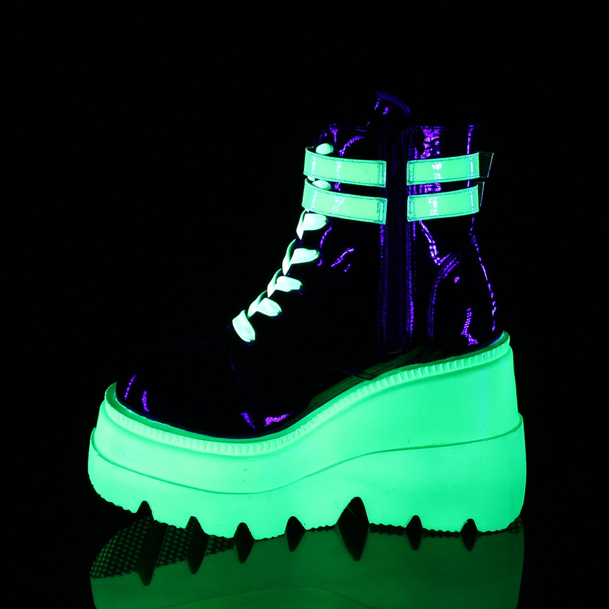 SHAKER-52 Demonia Black Patent-UV Neon Green Women's Ankle Boots [Demonia Cult Alternative Footwear]