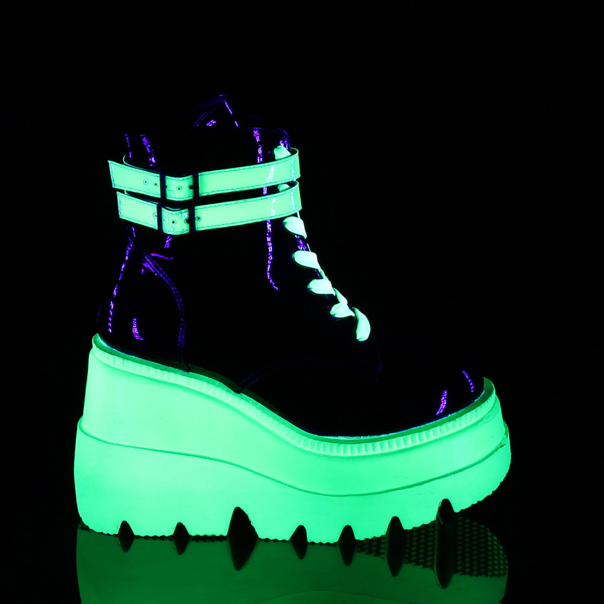 SHAKER-52 Demonia Black Patent-UV Neon Green Women's Ankle Boots [Demonia Cult Alternative Footwear]