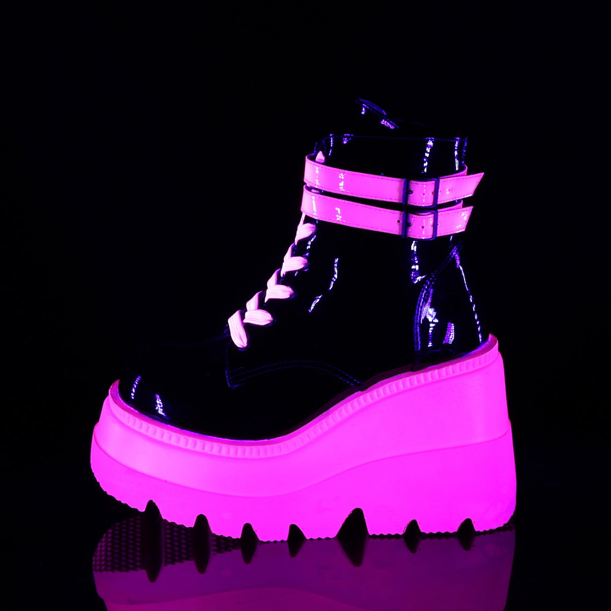 SHAKER-52 Demonia Black Patent-UV Neon Pink Women's Ankle Boots [Demonia Cult Alternative Footwear]