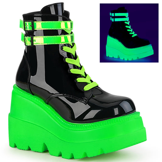 SHAKER-52 Alternative Footwear Demonia Women's Ankle Boots Blk Pat-UV Neon Green