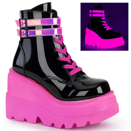 SHAKER-52 Alternative Footwear Demonia Women's Ankle Boots Blk Pat-UV Neon Pink