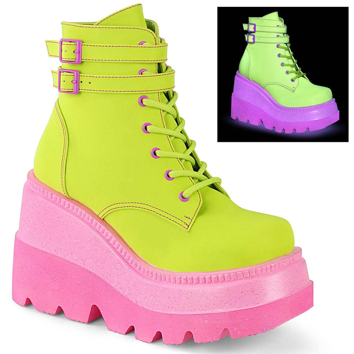 SHAKER-52 Alternative Footwear Demonia Women's Ankle Boots Lime Reflective Vegan Leather/Pink