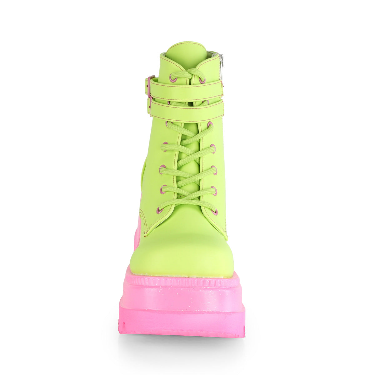 SHAKER-52 Demonia Lime Reflective Vegan Leather/Pink Women's Ankle Boots [Demonia Cult Alternative Footwear]