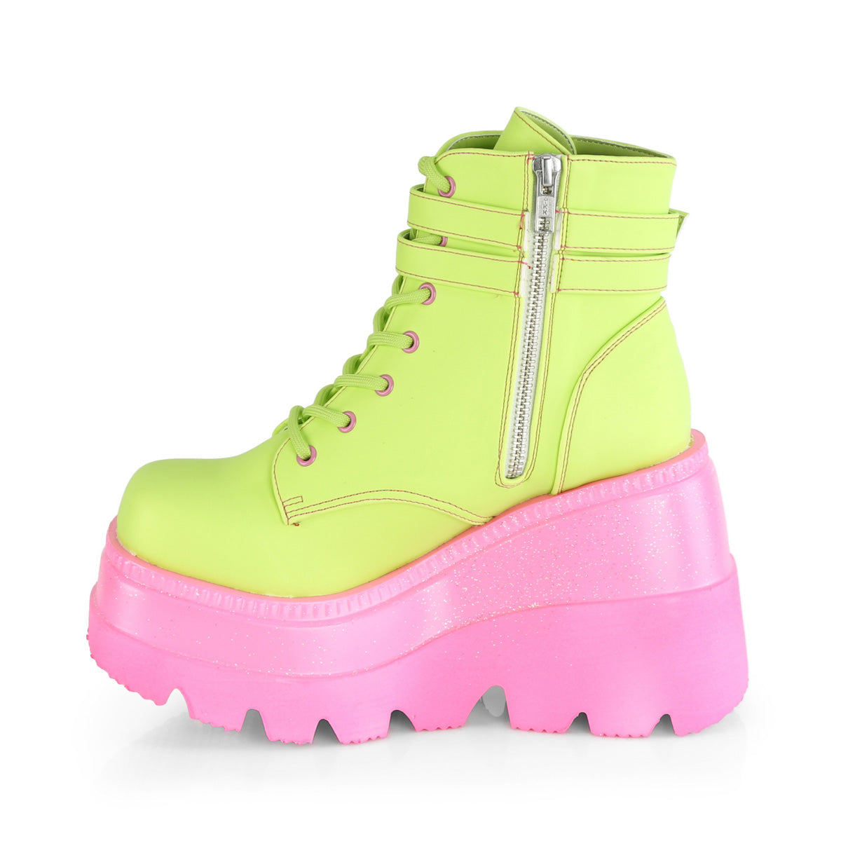 SHAKER-52 Demonia Lime Reflective Vegan Leather/Pink Women's Ankle Boots [Demonia Cult Alternative Footwear]