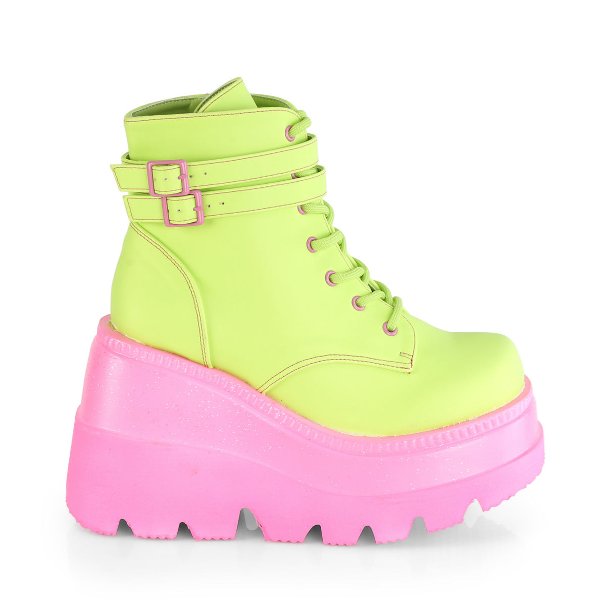 SHAKER-52 Demonia Lime Reflective Vegan Leather/Pink Women's Ankle Boots [Demonia Cult Alternative Footwear]