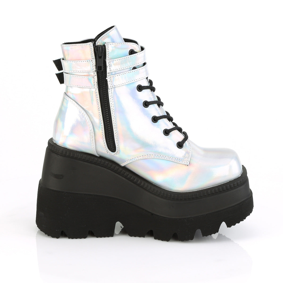 SHAKER-52 Demonia Silver Hologram Women's Ankle Boots [Demonia Cult Alternative Footwear]