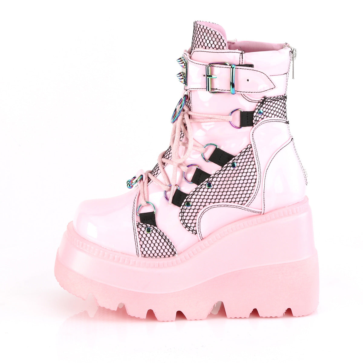 SHAKER-60 Demonia Baby Pink Hologram Women's Ankle Boots [Demonia Cult Alternative Footwear]