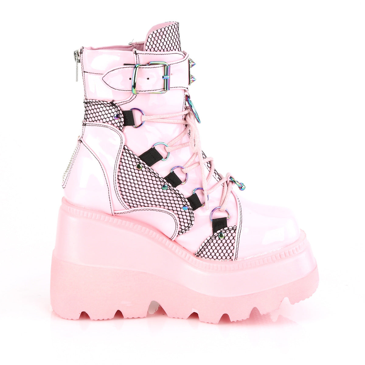 SHAKER-60 Demonia Baby Pink Hologram Women's Ankle Boots [Demonia Cult Alternative Footwear]